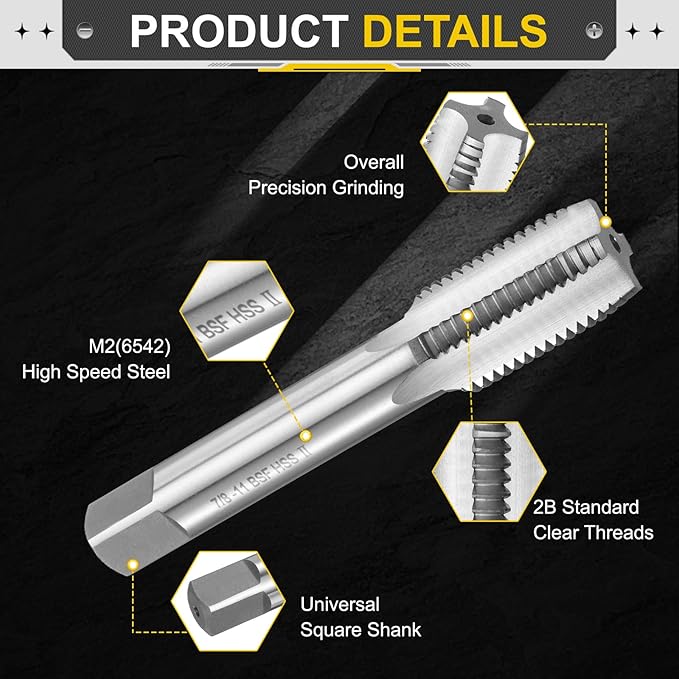 uxcell Hand Plug Tap 7/8"-11 BSF 2B Thread Plug Style Taps Straight Flute Screw Tapping Threading Tool High Speed Steel HSS6542