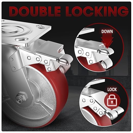 Casters Set of 4 Heavy Duty 6 inch Caster Wheels - ASRINIEY Locking Casters with No Noise Polyurethane on Steel Wheels, Swivel Plate Caster with Brake for Toolbox Workbench, 5000 lbs Total Capacity