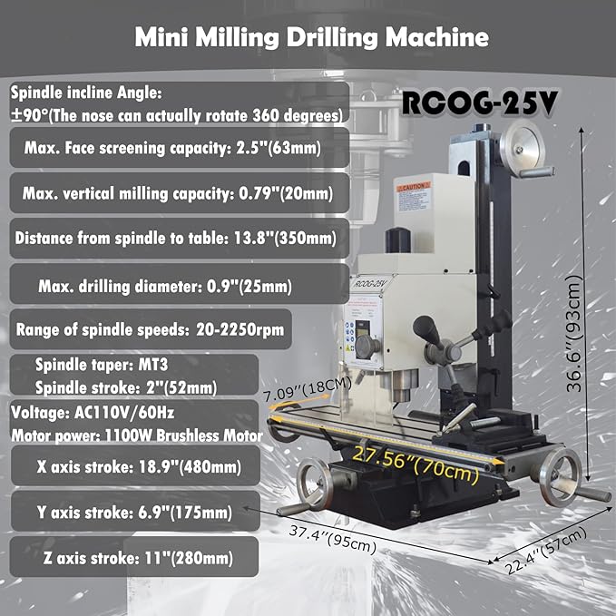 TECHTONGDA High-Precision Mini Milling Machine MT3 with Brushless Motor and Digital Readout Benchtop Mill/Drill for Fine Metal & Wood Processing 1100W Power Infinitely Variable-Speed (50-2250rpm)