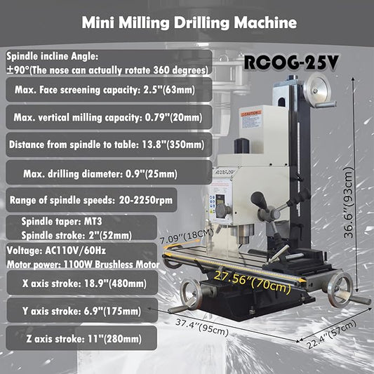 TECHTONGDA High-Precision Mini Milling Machine MT3 with Brushless Motor and Digital Readout Benchtop Mill/Drill for Fine Metal & Wood Processing 1100W Power Infinitely Variable-Speed (50-2250rpm)