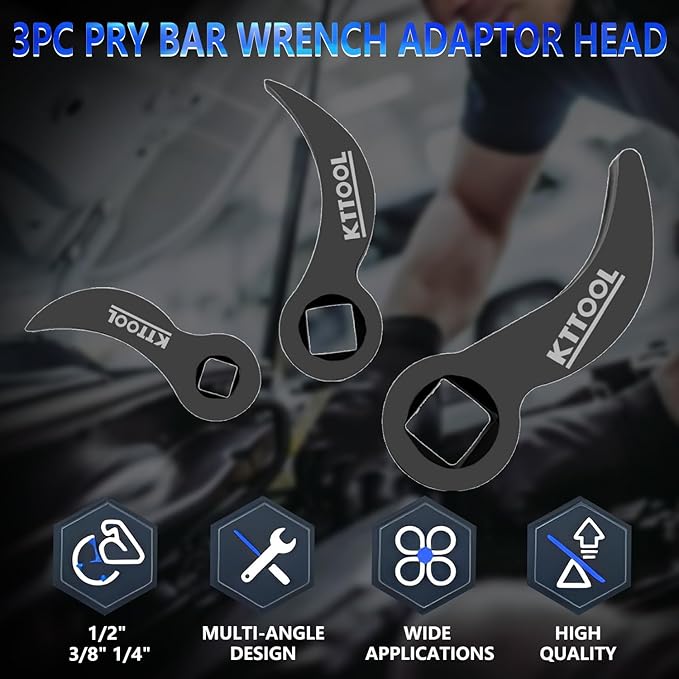 3 Pcs Pry Bar Wrench Adaptor Head Set, Crowbar Adapter Head Tool, Half Shaft Removal Car Repairing Tools 1/2" 3/8" 1/4" D (Square) Profile