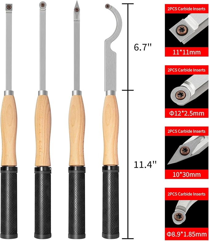 18.3" Full Size Carbide Tip Wood Lathe Turning Tool Kit, Lathe Roughing and Finishing Hollow Tool with 8pcs Diamond Round Square Carbide inserts For Woodturning(4 set)