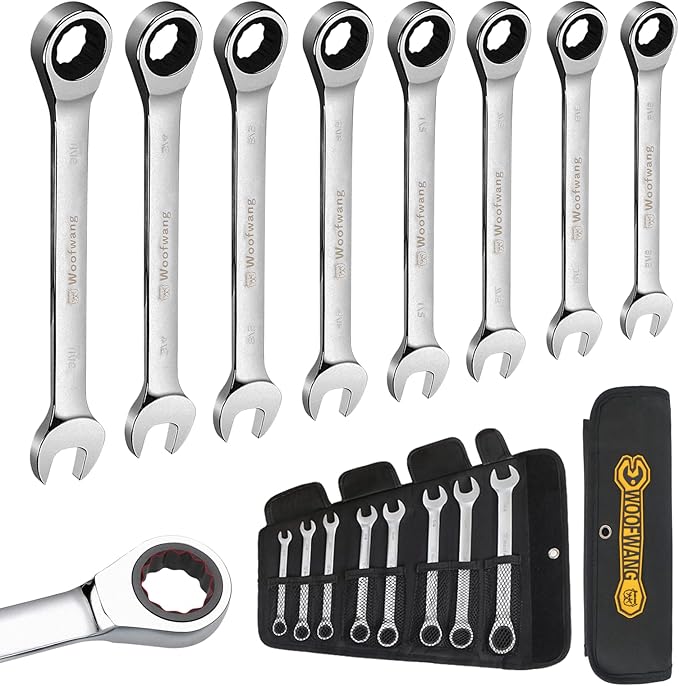8-Piece Ratcheting Combination Wrench Set, Matte Silver Finish, SAE 5/16-3/4 in, 72-Tooth Ratchet Gears, 5째 Swing Arc, Anti-Slip Tooth Design, Cr-V Steel, Full Chrome Plated, Foldable Storage Pouch