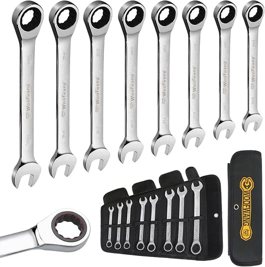 8-Piece Ratcheting Combination Wrench Set, Matte Silver Finish, SAE 5/16-3/4 in, 72-Tooth Ratchet Gears, 5째 Swing Arc, Anti-Slip Tooth Design, Cr-V Steel, Full Chrome Plated, Foldable Storage Pouch