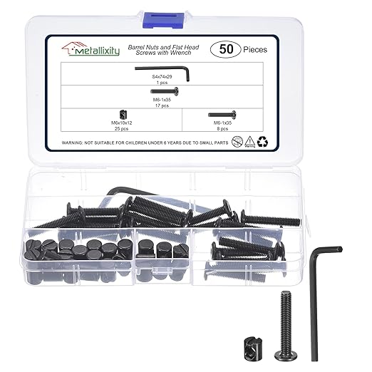 METALLIXITY Furniture Crib Screws Replacement Set with Wrench(M6-1x35mm) 50Pcs, Galvanization Connector Bolts M6 Screw Barrel Nuts Binding Screws, for Chair Cabinet Bed, Black