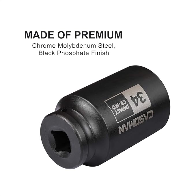 CASOMAN 1/2" Drive x 34 mm Deep 6 PT Impact Socket, CR-MO, 1/2-inch Drive 6 Point Axle Nut Socket for Easy Removal of Axle Shaft Nuts (34MM)