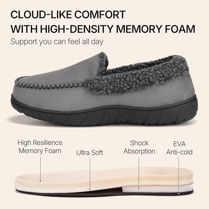 ATHMILE Men's Moccasin House Slippers, Memory Foam Arch Support, Plush Fuzzy Lining, Non-Slip Rubber Sole for Indoor/Outdoor Winter Comfort