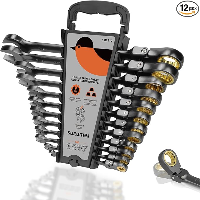 SUZUME 12-Piece (1/4??7/8?? Flex Head Ratcheting Wrench Set 72 Teeth Sae Ratcheting Wrench Set Black Nickel Coating Ratchet Wrenches Set with 180째 Flex Head For Bicycles, Cars,Motorcycle