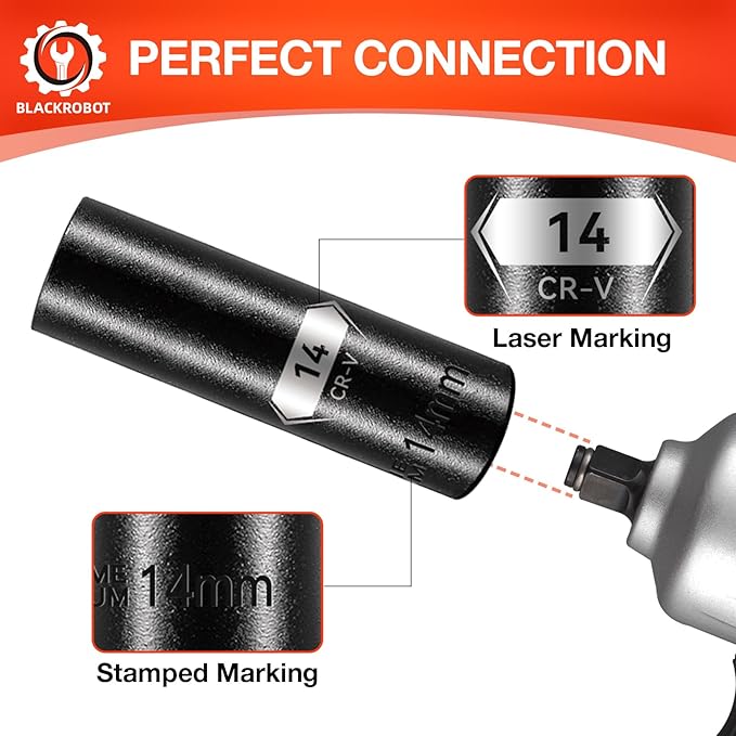 BLACKROBOT 1/2 Inch Drive 6-Point Deep Socket, 14mm Deep Impact Socket, CR-V Steel