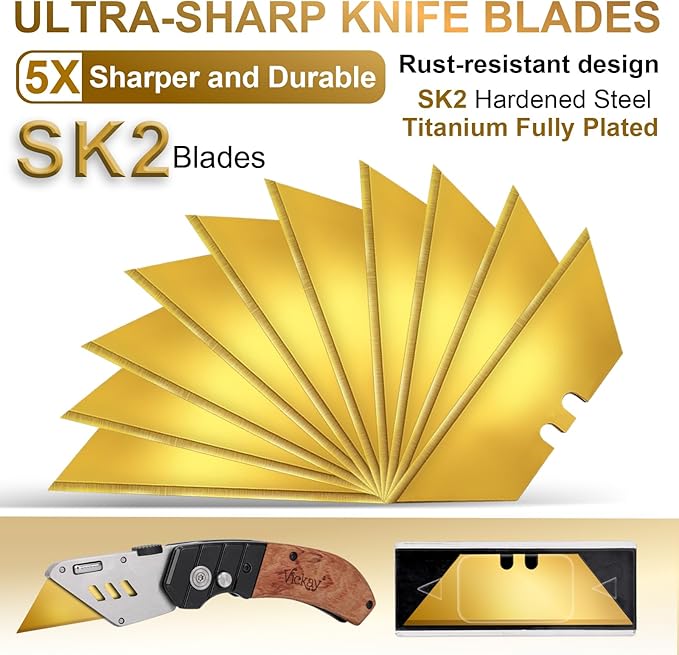Vickay 30 Pack Utility Knife Blades, Heavy Duty Box Cutter Replacement Blades, SK2 Steel with Titanium Fully Coating, Standard Size Cardboard Cutter Blades for All Standard Utility Knives