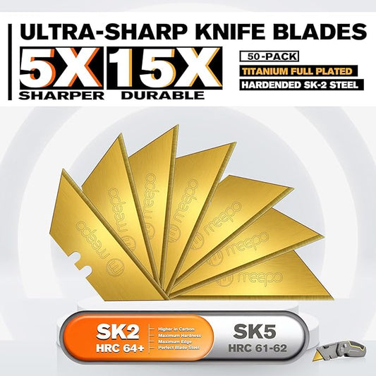 50-Pack Utility Knife Blades, Titanium Fully Plated, Durable SK-2 Razor Blades for Utility Knife Box Cutter, Never Rust, Extra Durable
