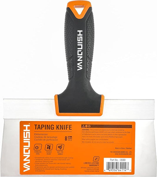 VANQUISH 8 Inch Stainless Steel Drywall Taping Knife, Soft Grip Handle, Perfect for Drywall Joint Taping, Finishing & Patching 3590