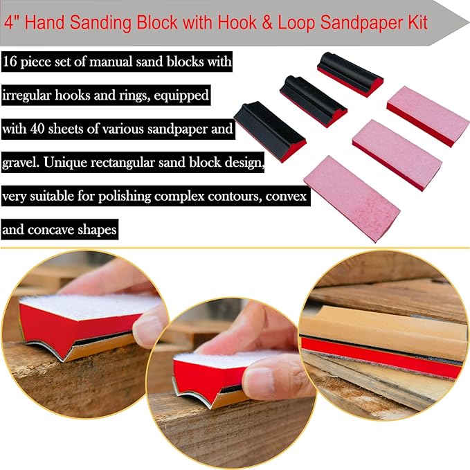 16-Piece Contoured Profile 4" Hand Sanding Block Set with 40 Sheet Hook & Loop Sandpaper Kit - Interchangeable Assorted Convex & Concave Shapes for Woodworking Furniture, Auto Paint and Crafts