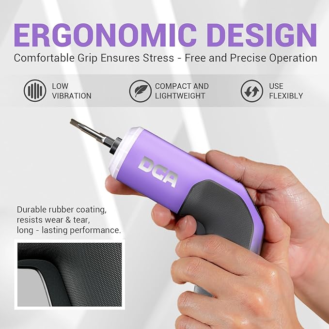DCA 4V Electric Screwdriver Set, 5 N.m with 2000 mAh Li-ion Battery, 1/4" Magnetic Hex Chuck, USB-C Charging Cable, 18 Driver Bits for Furniture Repairs, Purple