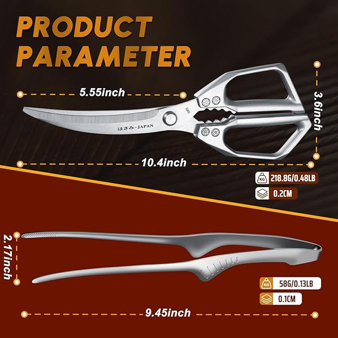 HUUSK Kitchen Scissors and Cooking Tong Set - Silver Kitchen Shears for Food with Stainless Steel BBQ Tongs, Japanese Style Dishwasher Safe Meat Scissors for All Purpose, Christmas Gifts for Men Women