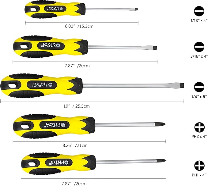 Vickay Magnetic Screwdriver Set,5 Pieces Slotted and Phillips Screwdriver with Ergonomic Comfortable Non-skid Handle,Permanent Magnetic Tips (Yellow)