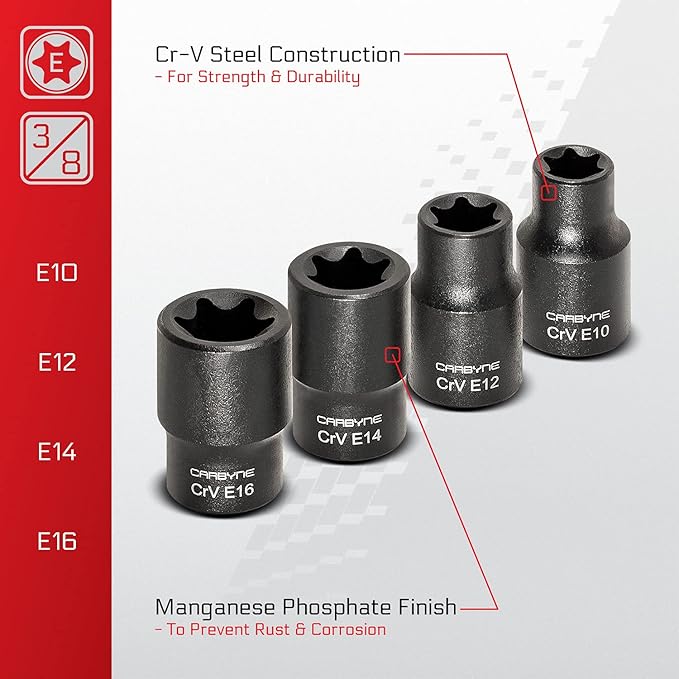 CARBYNE 13-Piece External Torx (eTorx, Female Torx) Socket Set, E4 to E24 | Chrome Vanadium Steel, 1/4, 3/8 & 1/2 inch Drive ??From a Family-Run Tool Company Based in the U.S.A.