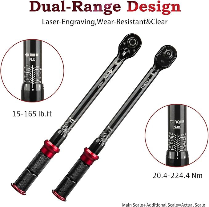 AEROFORCE 1/2-Inch Drive Torque Wrench竊?5-165 lb.ft / 20.4-224.4 Nm),72 Tooth Dual Direction Reversible Ratchet, Dual Range Scales, Precision Calibrated for Bike, Motorcycle and Car Repair