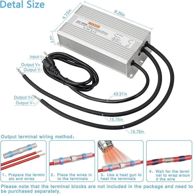 LED Driver 24V800W Waterproof Power Supply AC 90-130V to DC 24V33.3A Switching Power Supply IP67 Low-Voltage Transformer Suitable for Outdoor LED Lighting Fixtures and Any 24V DC Equipment