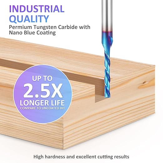 HQMaster Spiral Router Bit Downcut 1/4 Inch Shank Solid Carbide CNC Router Bit with Nano Blue Coating CNC Bits End Mill for Woodwork Mortise Slot Trim, 5 Pack