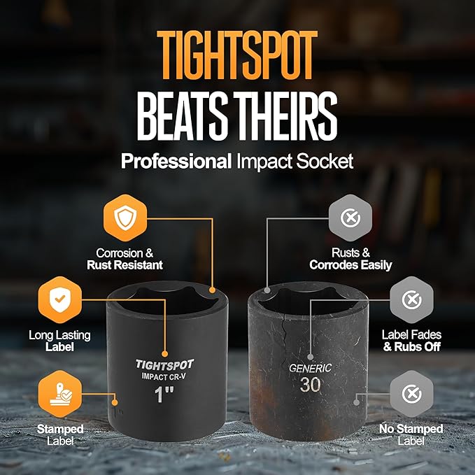 TIGHTSPOT 1/2 Inch Drive 1 Inch Shallow Impact Socket with Anti-Rounding 6 Point Design, Heat-Treated CRV Steel