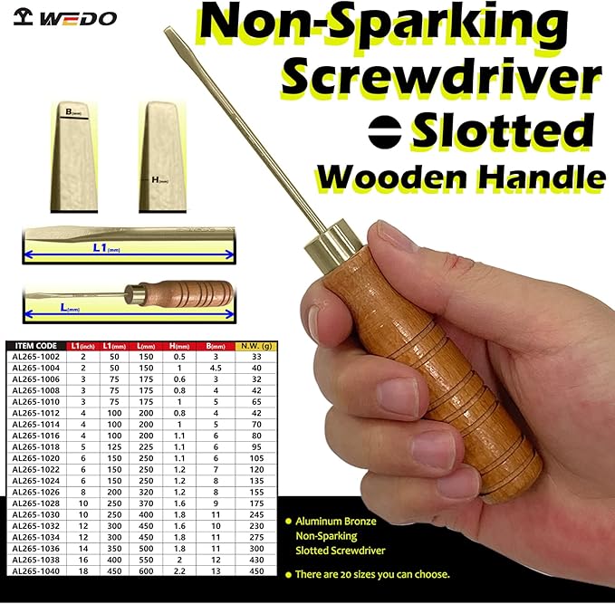 WEDO Slotted Screwdriver, Precision Screwdriver with Wooden Handle,Non-Sparking Flat Head Screwdriver,Tip Size 4mm,Length 175mm,Aluminum Bronze,DIN Standard,BAM Certification