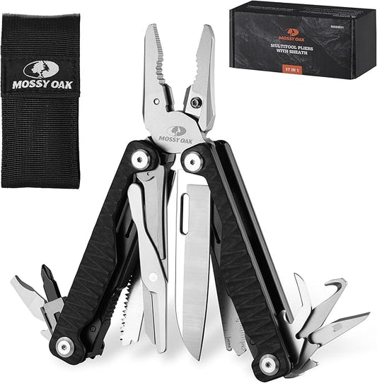 MOSSY OAK Multitool, 17-in-1 EDC Multi Tool with CNC-Machined Steel Pliers, G10 Anti-Slip Handle, Nylon Sheath & Belt Clip ??Durable MultiTool for Camping, Hiking, Hunting, Survival, and Everyday Use