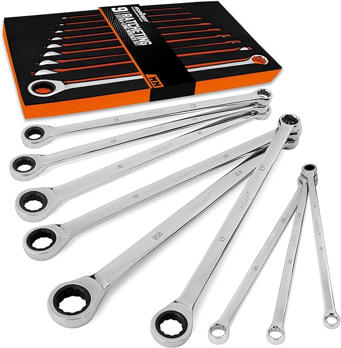 HORUSDY Extra Long Ratcheting Wrench Set, 8-22MM Double Box End, 9-Piece Metric CR-V Steel, with EVA Foam Tool Organizer