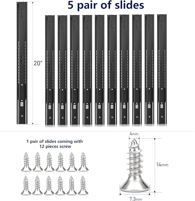 Ravinte 20 Inch Soft Close Drawer Slides 5 Pairs 10 Pack Black Full Extension Ball Bearing Drawer Glide Side Mount