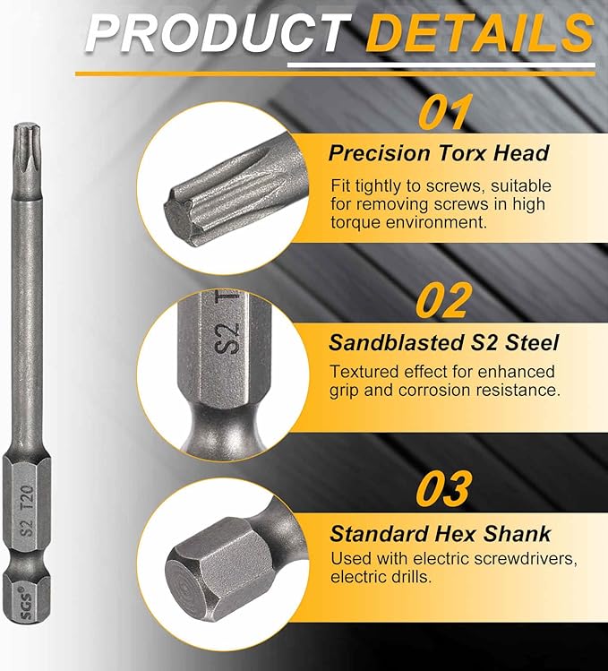 HARFINGTON 2pcs T20 Torx Head Screwdriver Bit 1/4" Hex Shank 3" (75mm) Long Magnetic No Hole Tip Tamper Proof 6 Point Star Screw Driver Drill Bits S2 Steel Industrial Power Screwdrivers