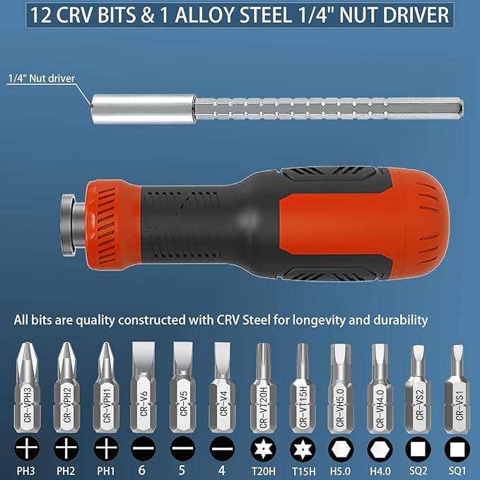 Multi-bit Screwdriver, 13-in-1 Screw Driver Adjustable Mini Screwdriver Set Multitool All in One with Torx Security, Phillips, Hex, Flat Head, Square and 1/4 Nut Driver (Red)
