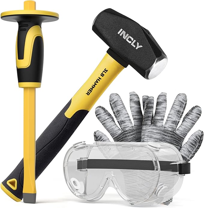 INCLY 4 PCS Geology Rock Pick Equipment Kit, 3 Pound Sledge Rock Hammer with 12" Mason Concrete Chisel, Safety Glasses, Gloves, Tool Set for Hounding, Gold Mining & Prospecting, Brick Stone Breaking