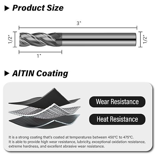 3PCS 1/2" Carbide Square End Mills Set 4 Flute AlTIN Coated CNC Milling Bits for Alloy Steels, Hardened Steels, Cast Iron