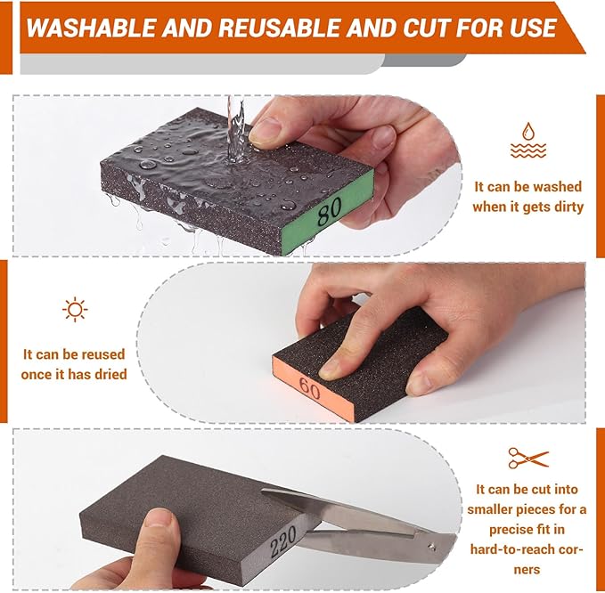 12 Pack Sanding Block, 60/80/120/220 Grit Sanding Sponge, Washable and Reusable Sandpaper Block, Sandpaper for Wood and Drywall, Sand Paper for Wood Furniture and Wall Repair