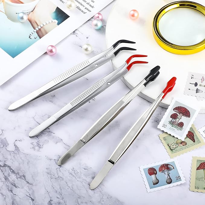 Zhehao 4 Pieces Tweezers with Rubber Tips PVC Coated Set Rubber Straight Flat Tip Long Bent Tweezers for Stamps Crafts Beads Jewelry Tools
