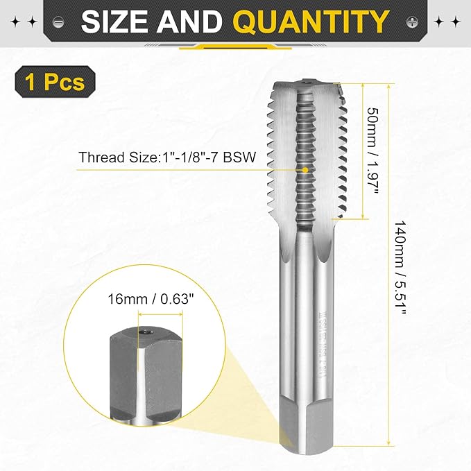uxcell Hand Bottom Tap 1"-1/8"-7 BSW 2B Thread Bottoming Style Threading Taps High Speed Steel HSS6542 Straight Flutes Screw Tapping Tool
