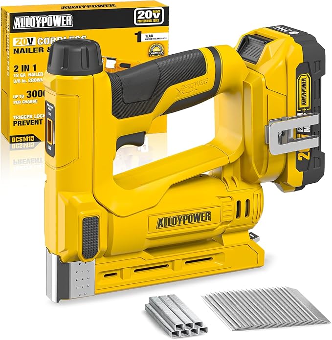 ALLOYPOWER 3/8''Crown Stapler, 18 Gauge 2 in 1 Cordless Brad Nailer/Electric Stapler with 2.0AH Battery & Charger, Nail Gun Battery Powered with 2,000PCS Staples and Nails for Upholstery & Family DIY