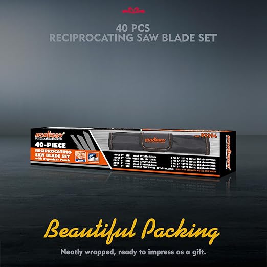 HORUSDY 40-Piece Reciprocating Saw Blade Set for Wood & Metal | Includes Pruning, Wet Wood, PVC and Metal Cutting Blades (3-24TPI) | with Storage Pouch for Easy Organization