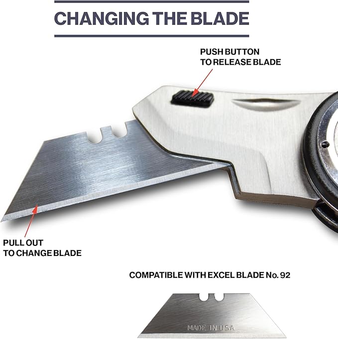 Excel Blades Revo Folding Utility Knife ??Heavy-Duty Box Cutter with Aluminum Body, Quick-Change #92 Blades, 3 Lock Positions Design, Anti-Slip Finger Loop Grip, Holster Included ??Black