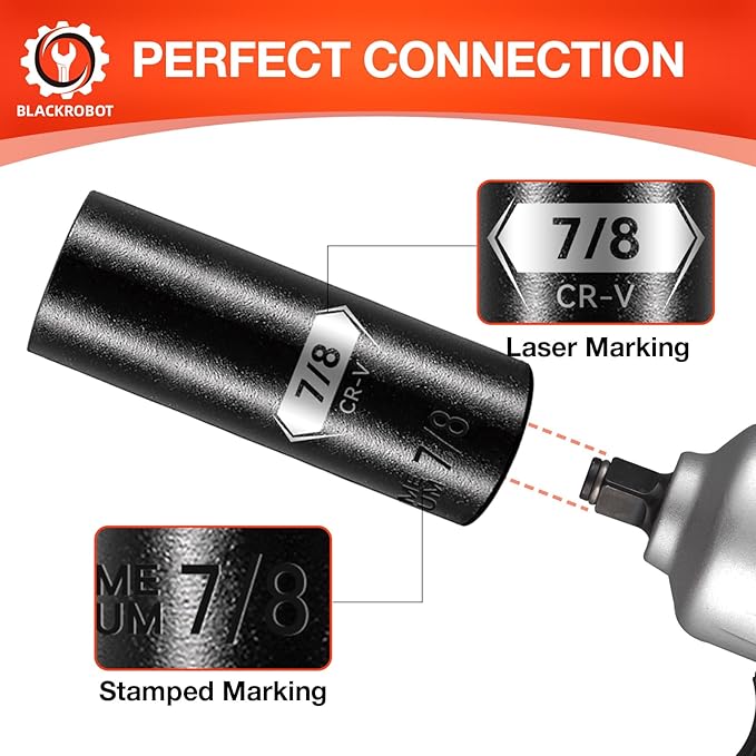 BLACKROBOT 1/2 Inch Drive 6-Point Deep Socket, 7/8 inch Deep Impact Socket, CR-V Steel