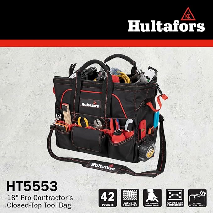 Hultafors Work Gear HT5553 Pro Contractor's Closed Top Tool Bag, 42 Pockets, Heavy Duty Ballistic Polyester Tool Carrier, Neoprene Carrying Handles, Adjustable Slip-Resistant Shoulder Strap