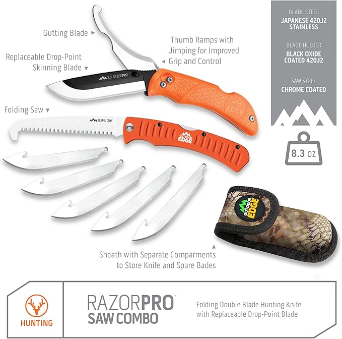 OUTDOOR EDGE RazorPro Double Blade Hunting Knife with Flip N??Zip Bone Saw ??Folding Knife with Gutting Blade & Replaceable RazorSafe Skinning Edge, Includes Camo Nylon Sheath