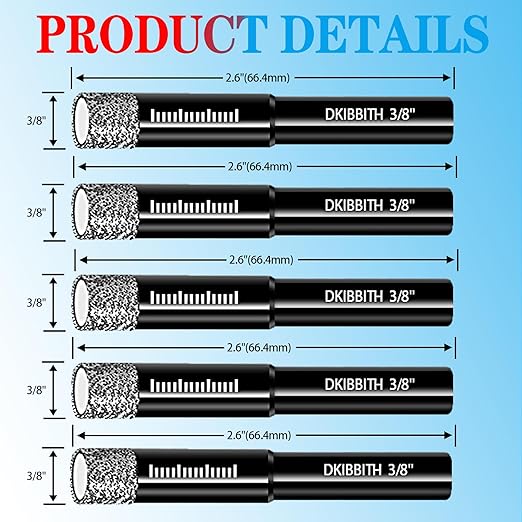5-Pack 3/8" Dry Diamond Core Drill Bits Set, 10mm Tile Drill bits for Ceramic Porcelain Marble Granite Tile Stone Glass Brick, Integrated Coolant for Fast Dry Drilling, Round Shank, with Storage Case