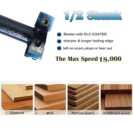 Spoilboard Surfacing Router Bit 1/2 Shank, 1-1/2??Cut Dia, with DLC Coated, 3-Flute, 12*12*1.5mm Blade, Slab Flattening Router Bit, Planing Bit, for CNC, Rabbeting Flycutter, Planer