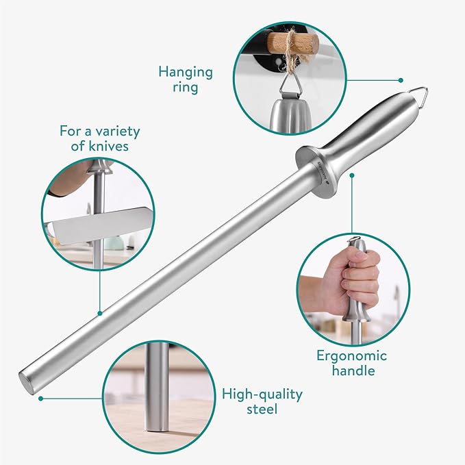 Navaris Diamond Knife Sharpener Steel - Chef Knife Sharpeners with Ergonomic Silver Handle - Honing Rod for Chef's Knives, Paring Knives, Carving Knives, Japanese Kitchen Knives