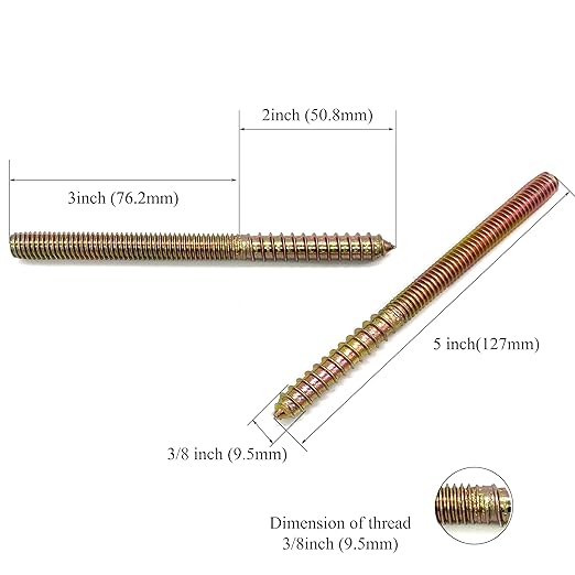 8 Pack 3/8-16 x 5 Inch Hanger Bolts 3/8-16" Double Headed Bolts 3/8 Wood Dowel Screw Self-Tapping Screw Hanger Bolts for Furniture Double Threaded Rods Bolt 127mm Length