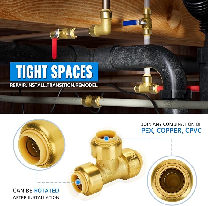 SUNGATOR 1/2 Inch Tee, Push Pex Tee Plumbing Fittings 1/2 Inch, No Lead Brass Push-to-Connect T Plumbing Fittings for PEX Pipe, Copper, CPVC Transition, with 1 Disconnect Clip, Pack of 6