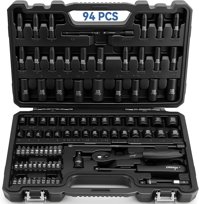 DISEN 94 PCS 1/4" Drive Impact Socket Set, Shallow & Deep Socket SAE(5/32"-9/16") & Metric(4-15mm), Torx Screwdriver Bit Set, 72T Ratchet Wrench Handle, CRV Tool Set with Adapter, Automotive Repair