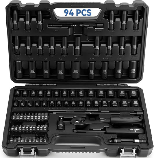 DISEN 94 PCS 1/4" Drive Impact Socket Set, Shallow & Deep Socket SAE(5/32"-9/16") & Metric(4-15mm), Torx Screwdriver Bit Set, 72T Ratchet Wrench Handle, CRV Tool Set with Adapter, Automotive Repair