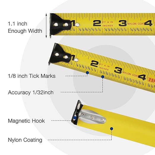 WORKPRO Heavy Duty Tape Measure, 2 Pcs 25FT Retractable Tape Measurement, Double Retract Long Stand Measuring Tape Accuracy 1/32 for Engineer, with Magnetic Hook, Belt Clip, Rubber Protective Casing